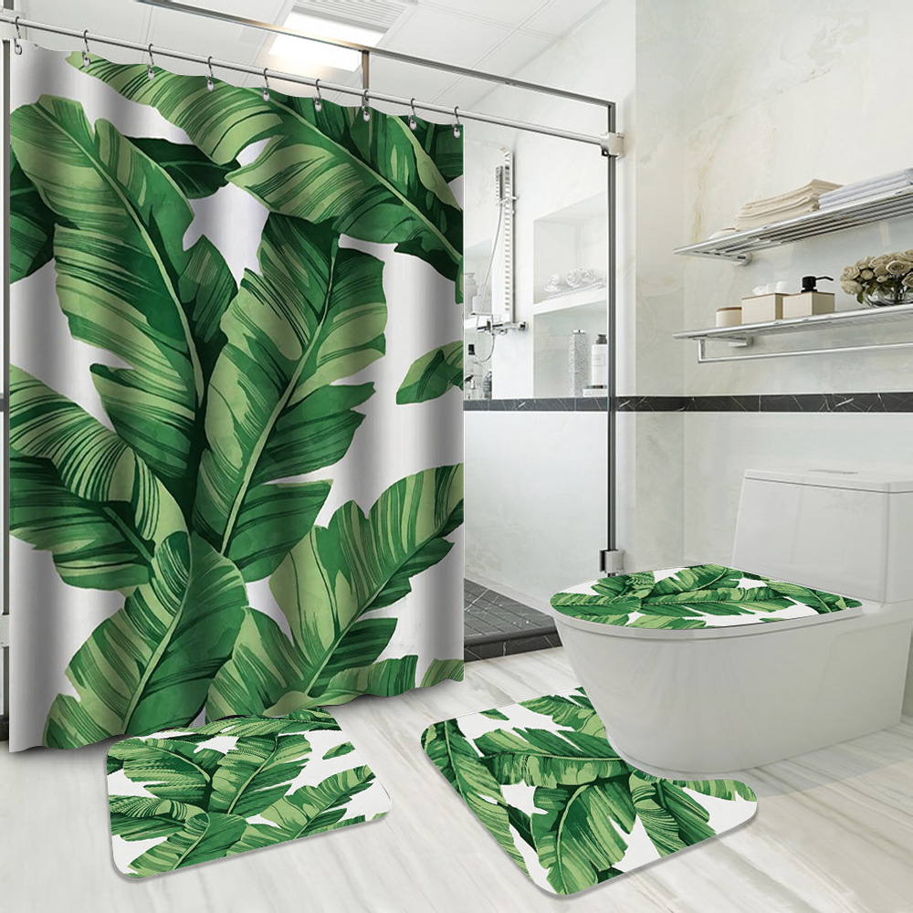 YL-37737 Hot Selling Shower Curtain 4-Piece Set, Green Plant Series, Waterproof and Mildew-Proof Shower Curtain, No Drilling Required