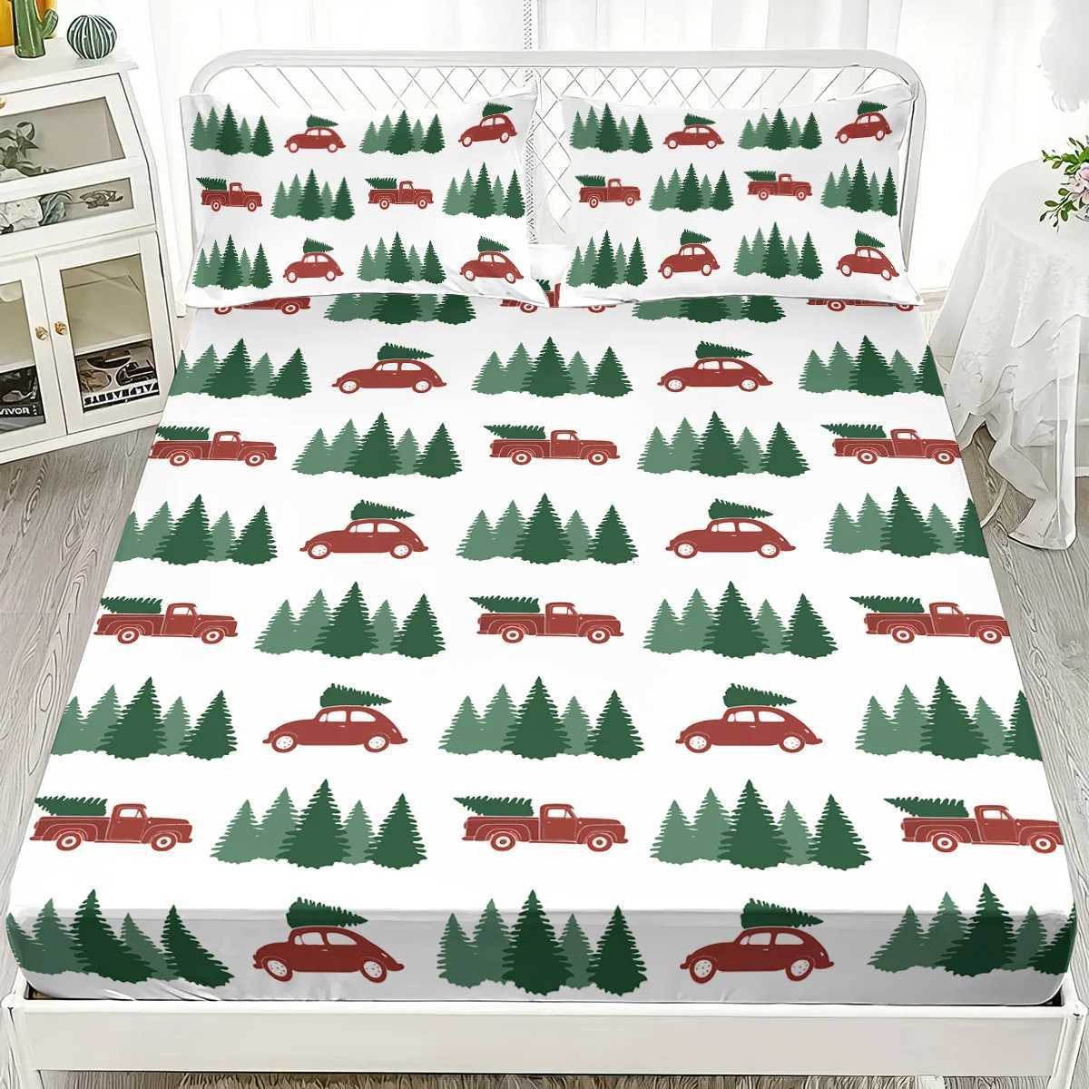 3pcs Merry Christmas Grass Car Printed Chipless Bed Sheet Set Multi Size Bed Cover Bedroom Bedding Holiday DecorationM251118