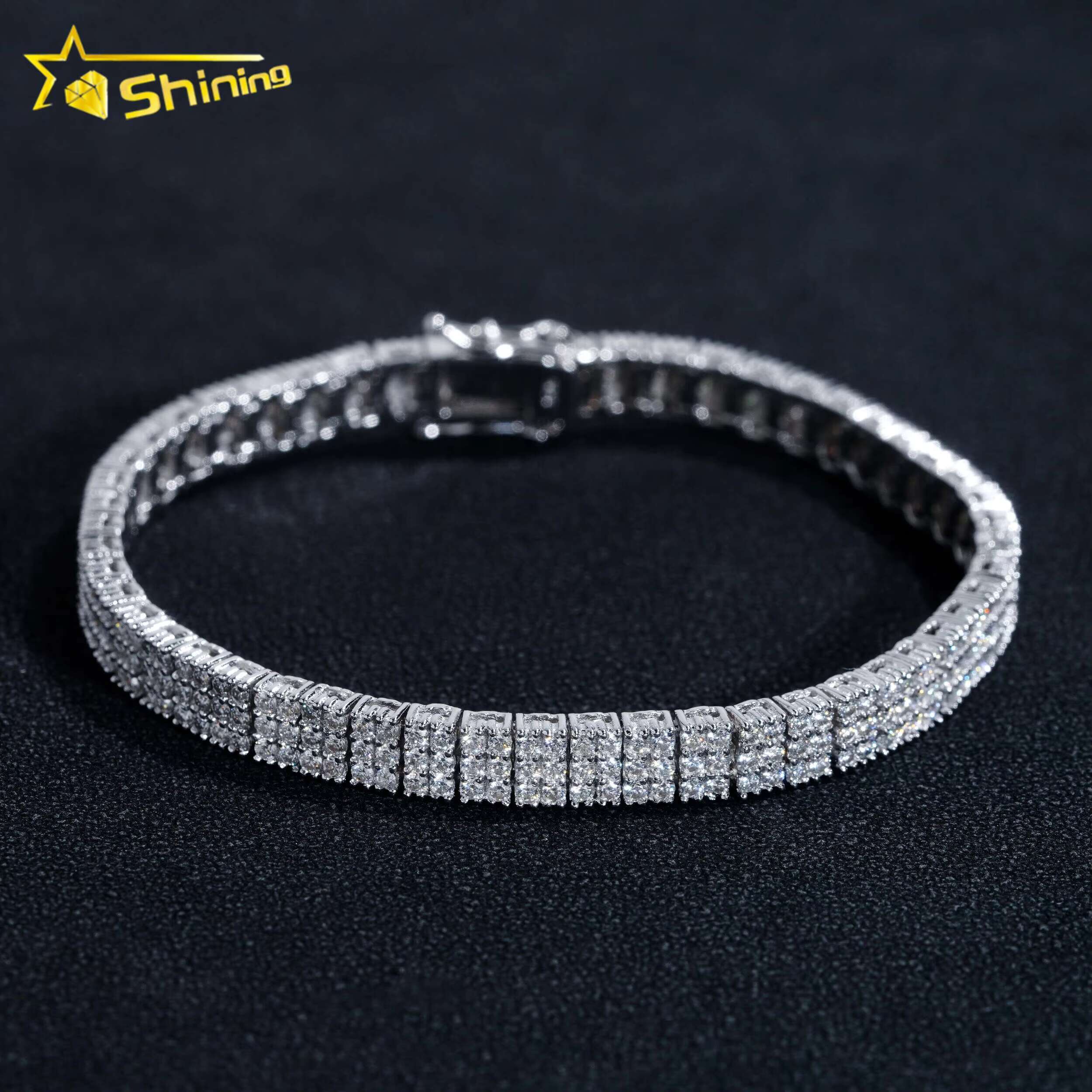 Hip Hop High Quality One Double Row Sier Men VVS Moissanite Tennis Chain Bracelet