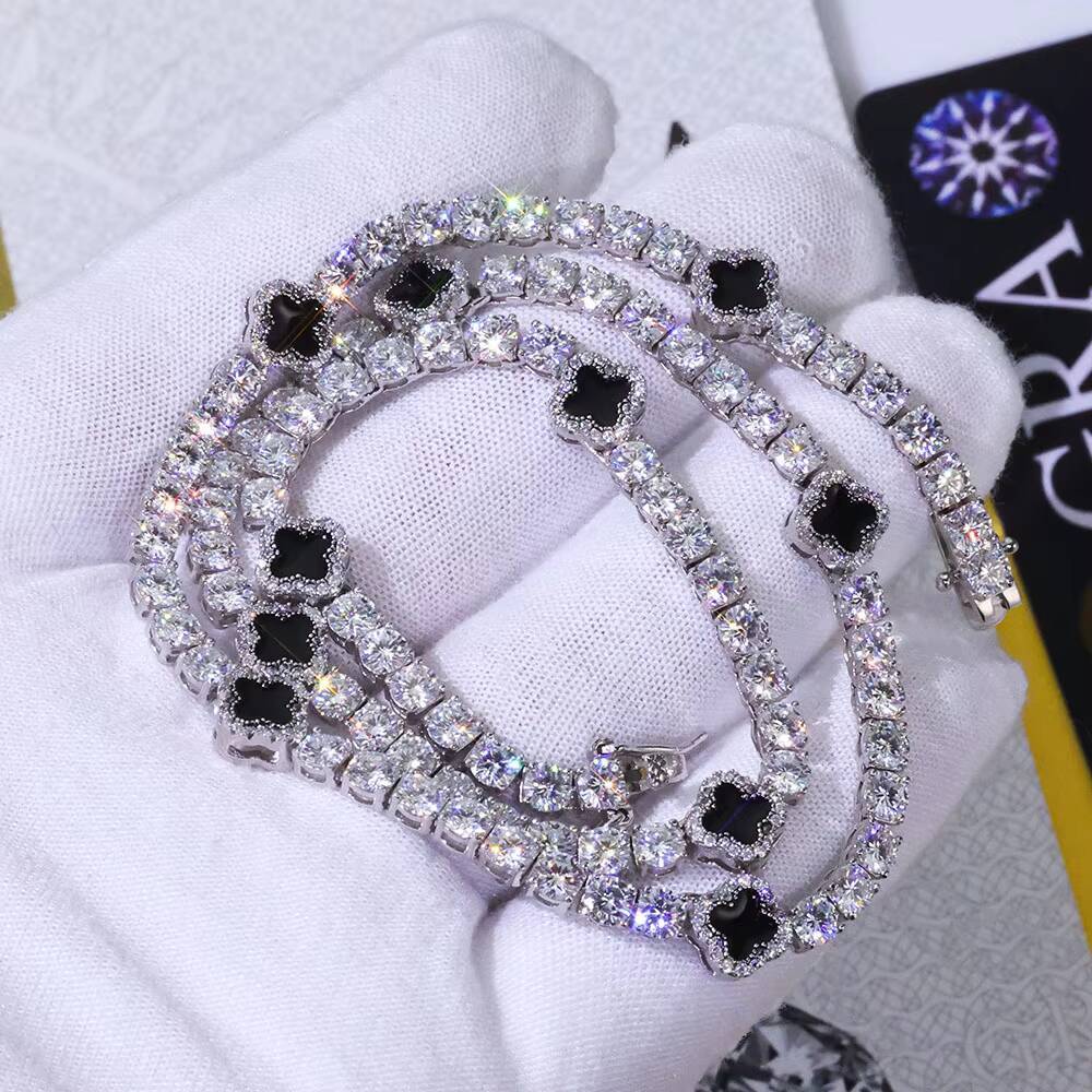 Laboratory cultivation 4mm Iced Out VVS Moissanite Tennis Chain 925 Silver Necklace Black Four Leaf Clover Hip Hop Jewelry Gift