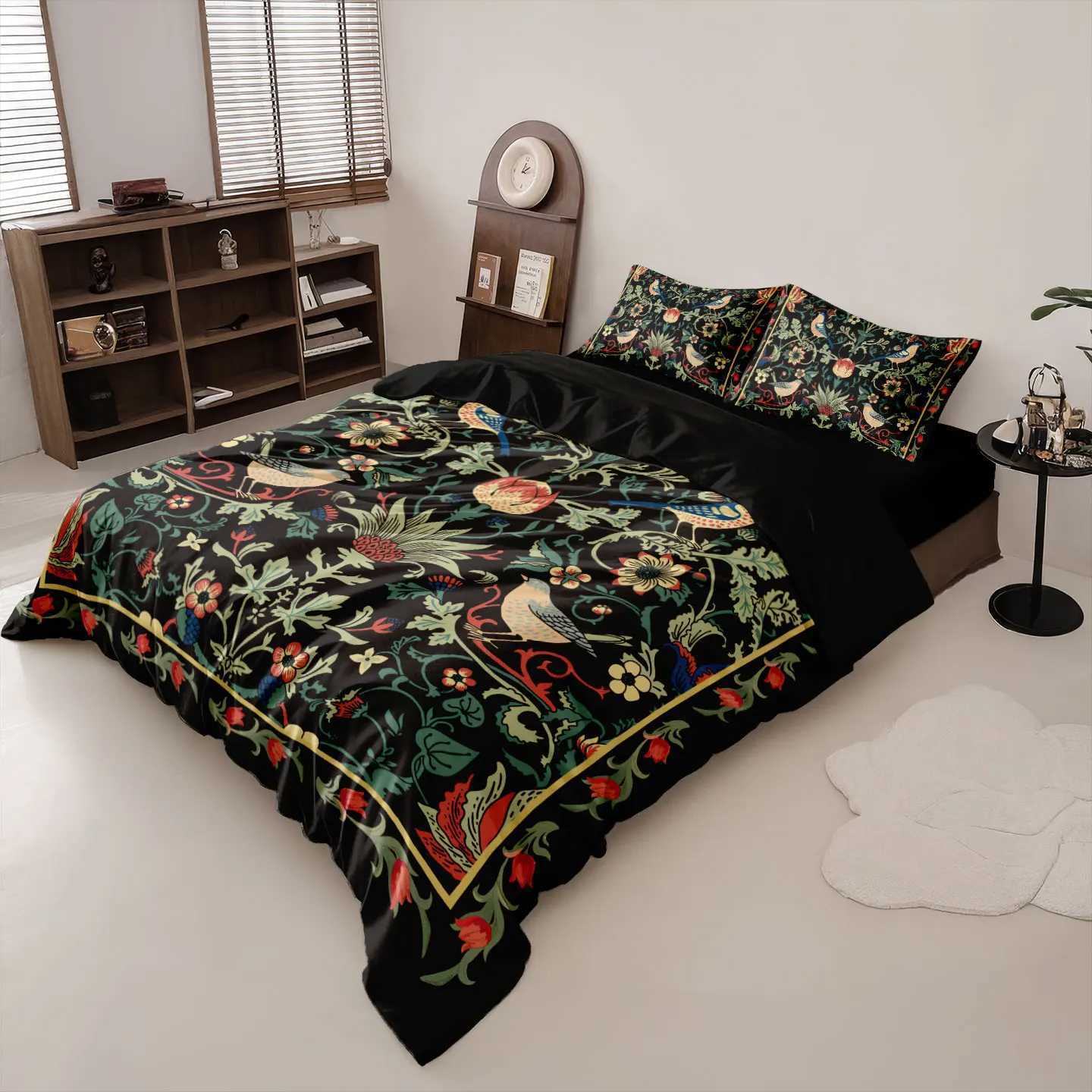 3pcs Black Retro Floral Print Coreless Duvet Cover Set Multi Size Bedroom Dormitory Soft and Comfortable Machine WashableM251118