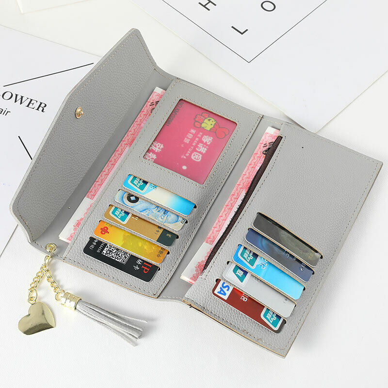 Women's Long Envelope Style Wallet Trifold Multi-card Slot Tassel Decor Purse With Heart-shaped Pendant Card Slots Zipper Cash Pocket