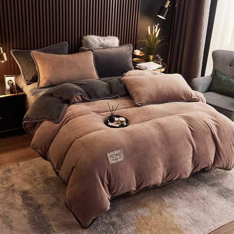 2025 new thickened milk fleece four-piece set crystal fleece thermal bed sheet double-sided fleece quilt cover solid colorM251118