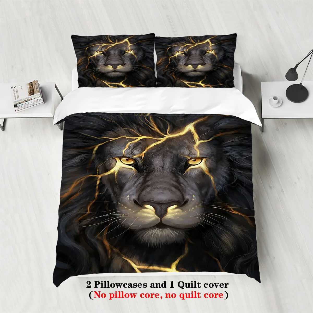 Animal Duvet Cover Set Queen Size Polyester Lightning Lion Pattern Duvet Cover Grey Black Soft Bedding Set for Teen Boys ManM251118