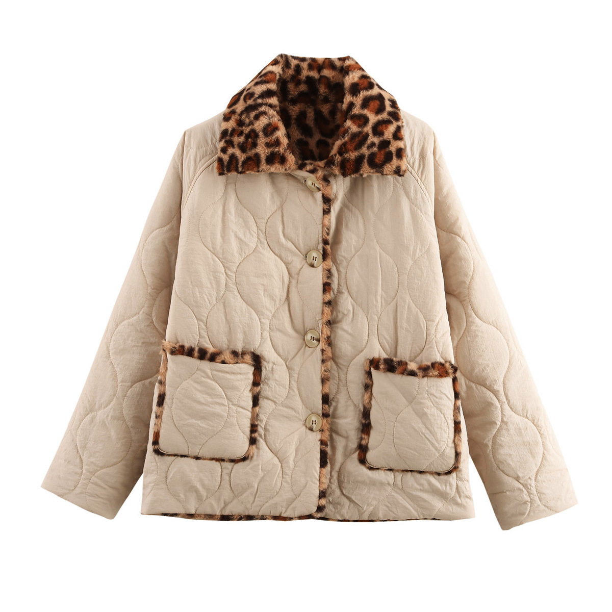 Women's Jackets Collared Reversible Quilted Cotton Jacket Fashion Leopard Print Pocket Medium-Thickness Top