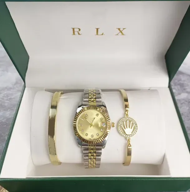 New 3pcs Set Watch Luxury Designer High quality Women Pink Dial Hollow Strap Fashion Gold Bracelet Quartz Wristwatch Student Ladies Watches Reloj Mujer With Box