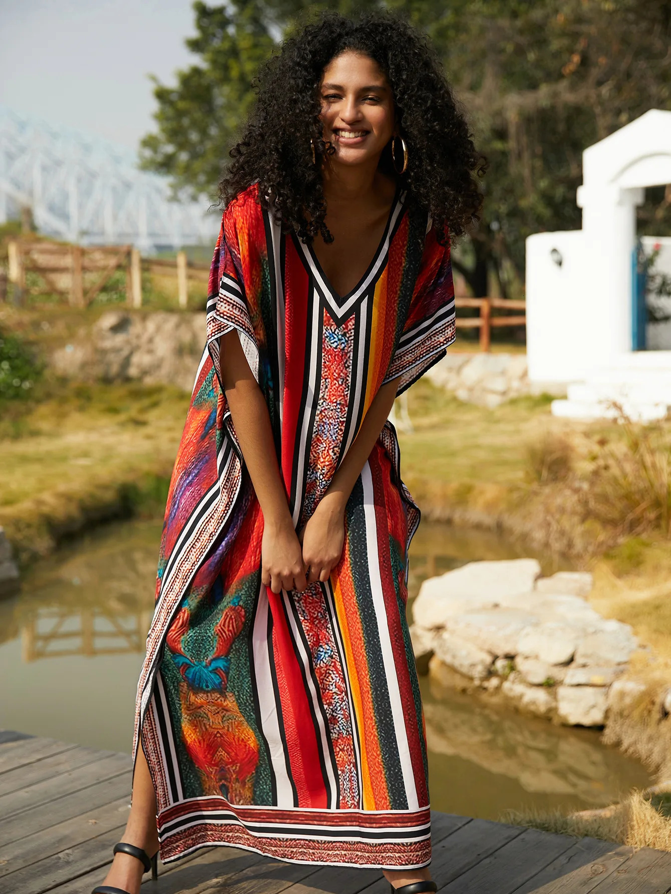 Womens Maxi dress retro print beach Kaftans swimsuit hooded summer holiday factory supply direct shipment 250415Z