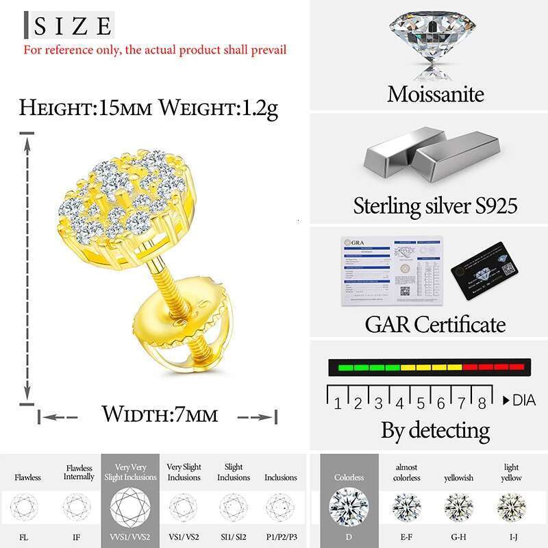 Unisex Fine For Women Earrings Moissanite D Color VVS Stud Round wer Jewelry