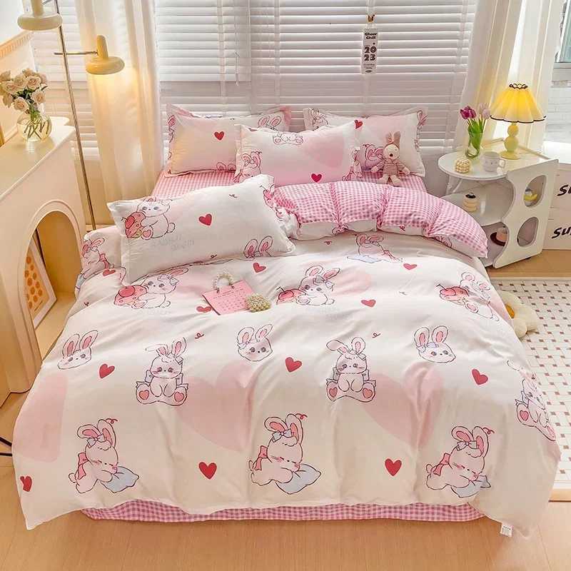 Cartoon Style Bed Sheet Set For Kids Cute Bunny Printed Bedding Set Breathable Durable Queen/King BeddingM251118