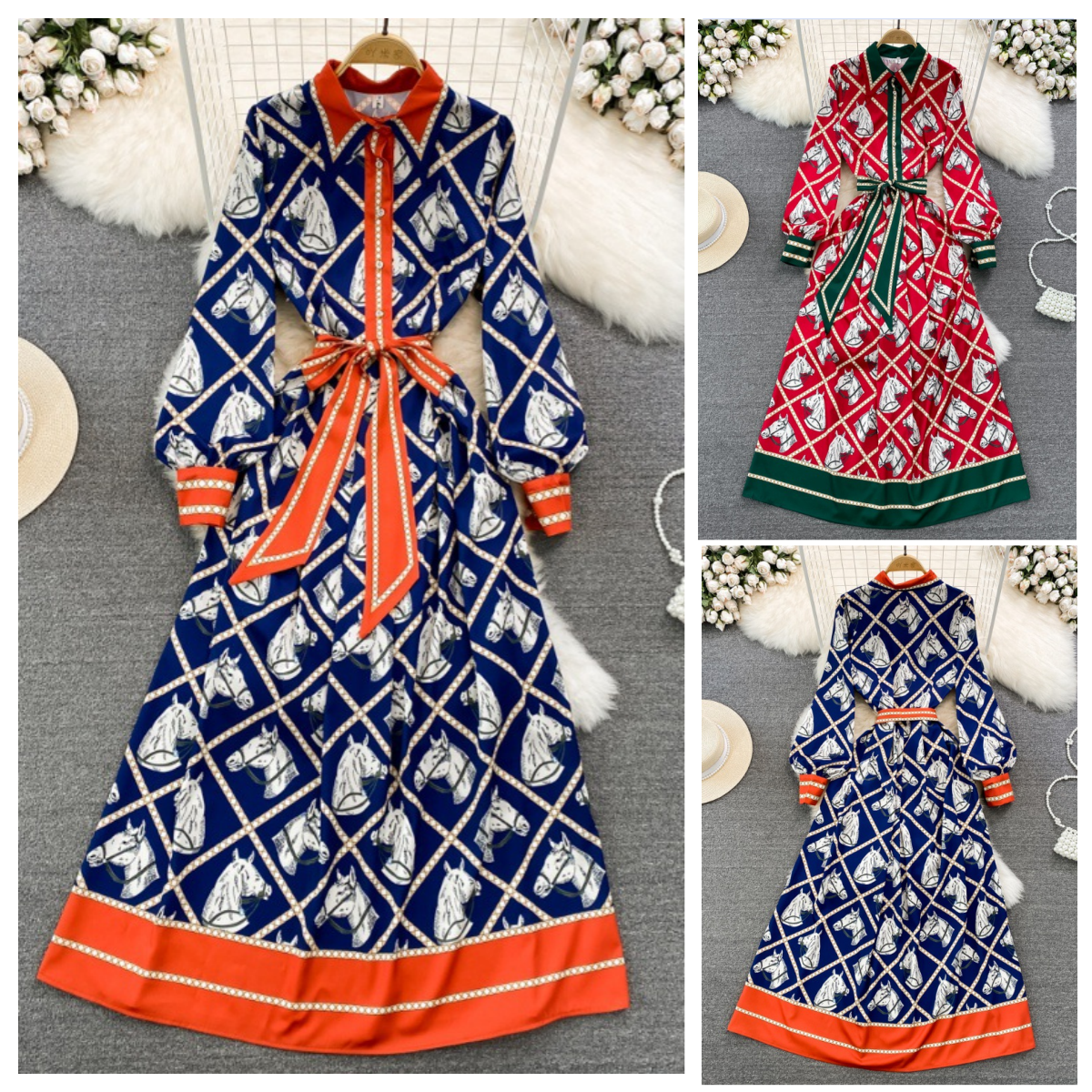 Elegant Women's Two Piece Sets Blouses Luxury Brand Design Horse 2025 The autumn Long Dress With LACES Features A High-end And Elegant Style