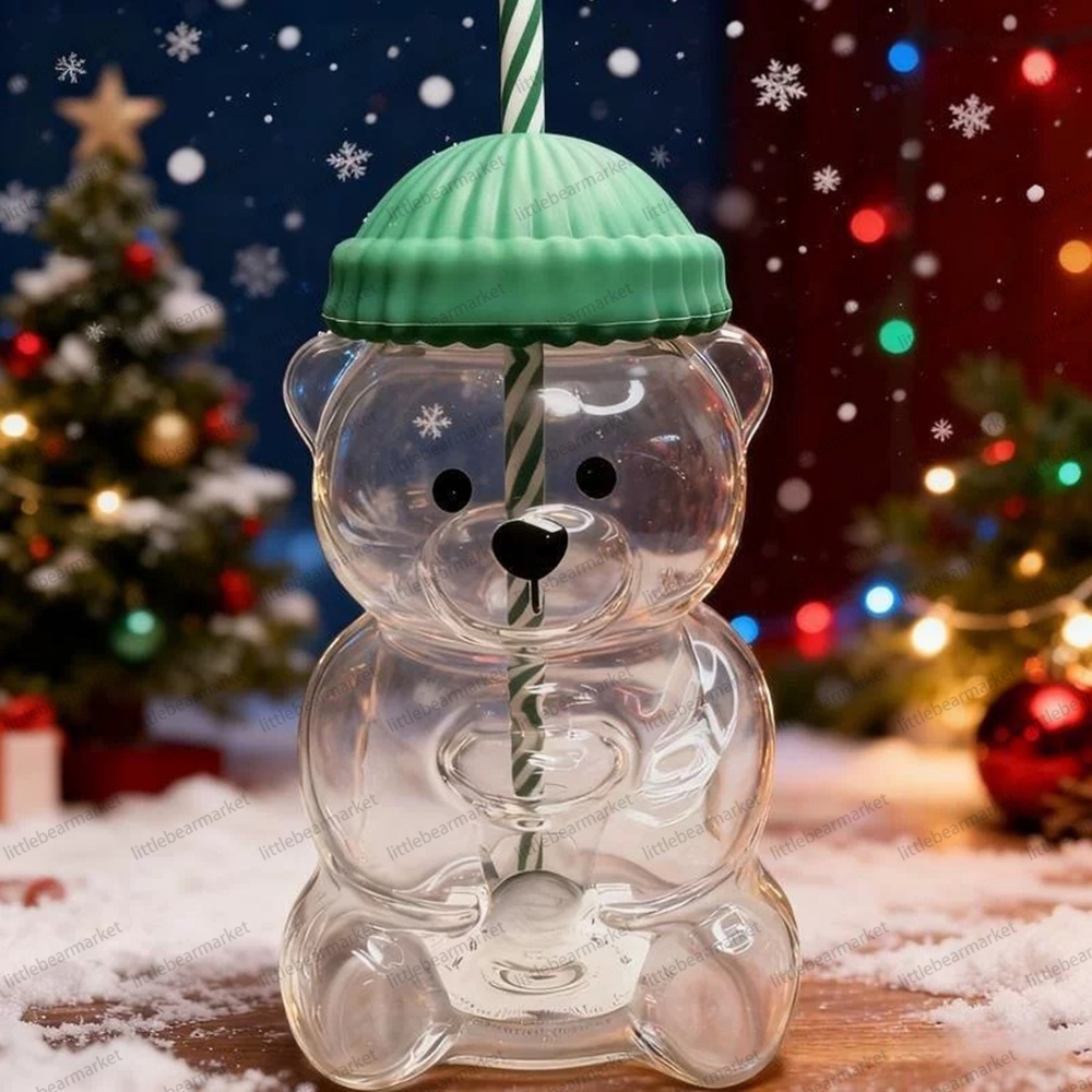 20oz Bear Cup Glass Green Series With Straw Cute Transparent Tumbler With Hat Glass Jar Cold Cup Tumbler Straw Holiday Christmas Gift Mug