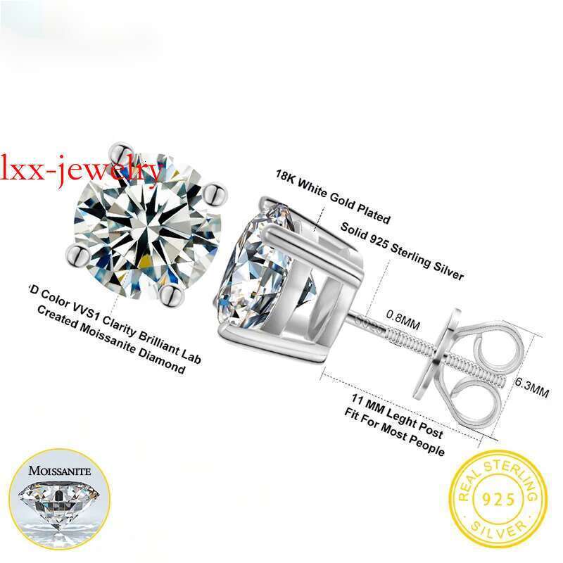 TUHE Stud For Women Men 0.2-8 Carats Lab Created Dia Screw Back Moissanite Earrings Sier Gift