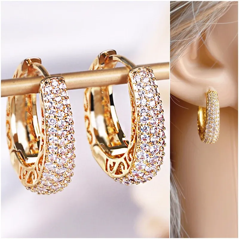 Women's Hollow Hoop Earrings with Cubic Zirconia - Gold Tone Luxury Fashion Accessory