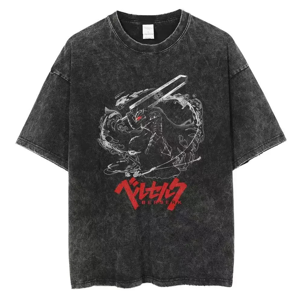 Washed Berserk cotton mens retro Japanese anime oversized shirt streetwear Harajuku summer short sleeved loose top 250408Z