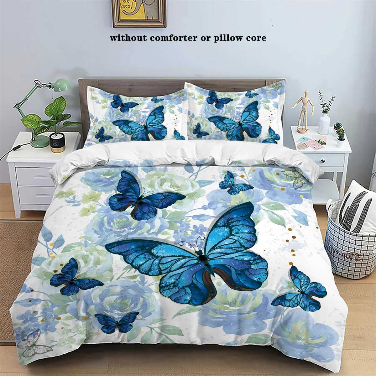 3-piece down duvet cover set with blue butterfly rose pattern print 1 duvet cover2 cases no core bedding setM251118