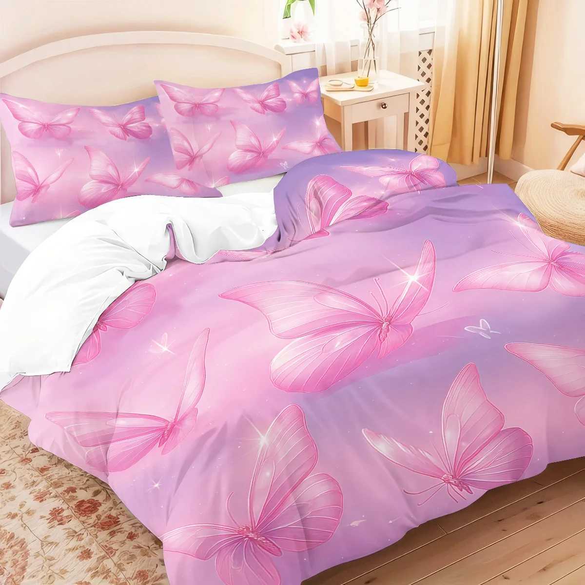 3pcs pink butterfly patterned duvet cover set 1 duvet cover2 cases coreless Soft and comfortable bedding setM251118