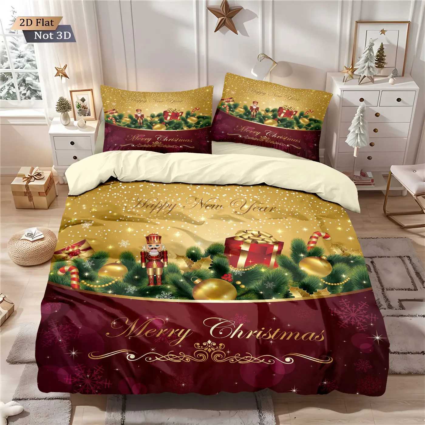 3pcs Christmas Gift Wreath Printed Core Free Bedding Set Soft and Comfortable Dormitory Bedroom Multiple Sizes Machine WashableM251118