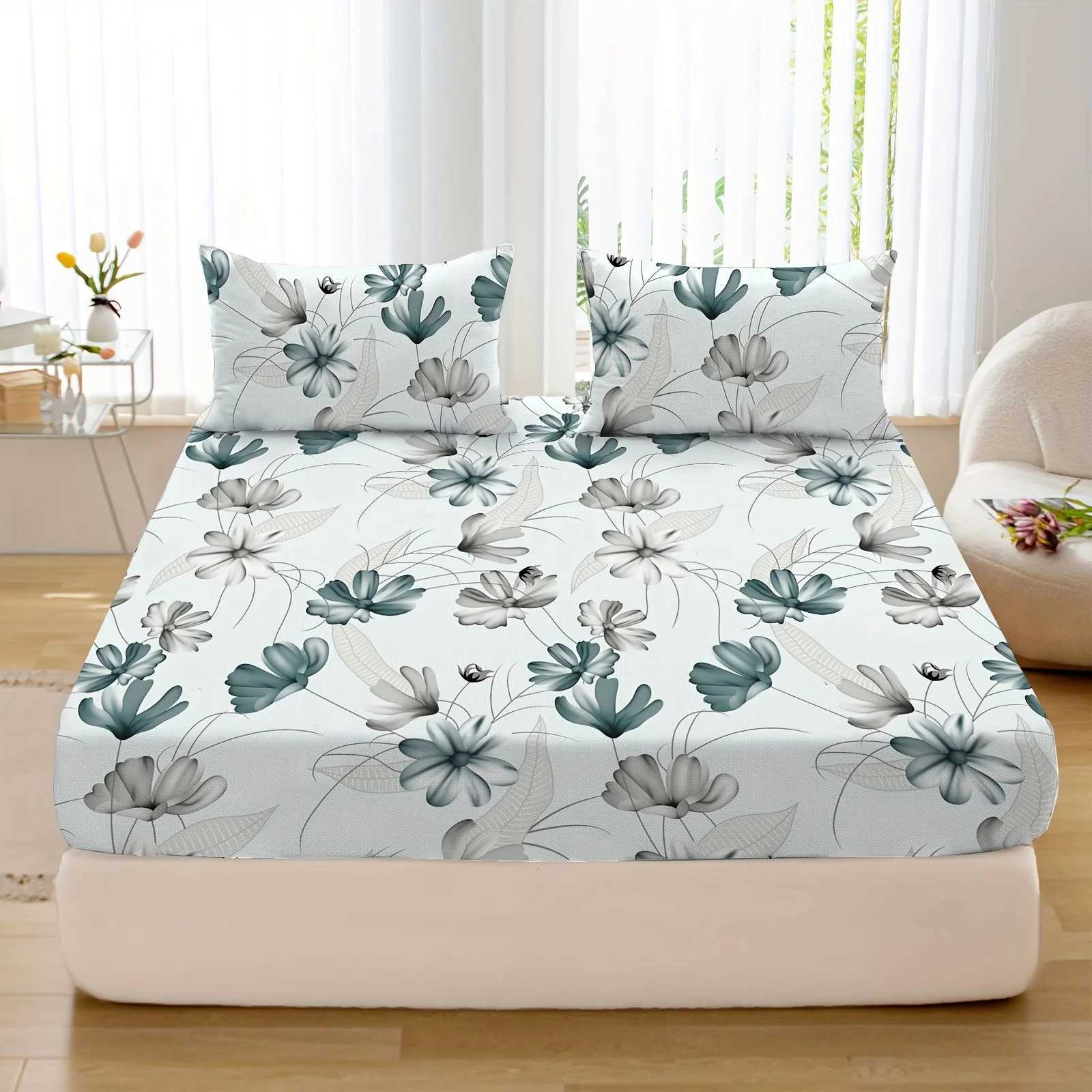 4pcs Plant and flower design bed cover multi-piece set 1 bed cover 1 sheet 2 cases no core soft and comfortableM251118