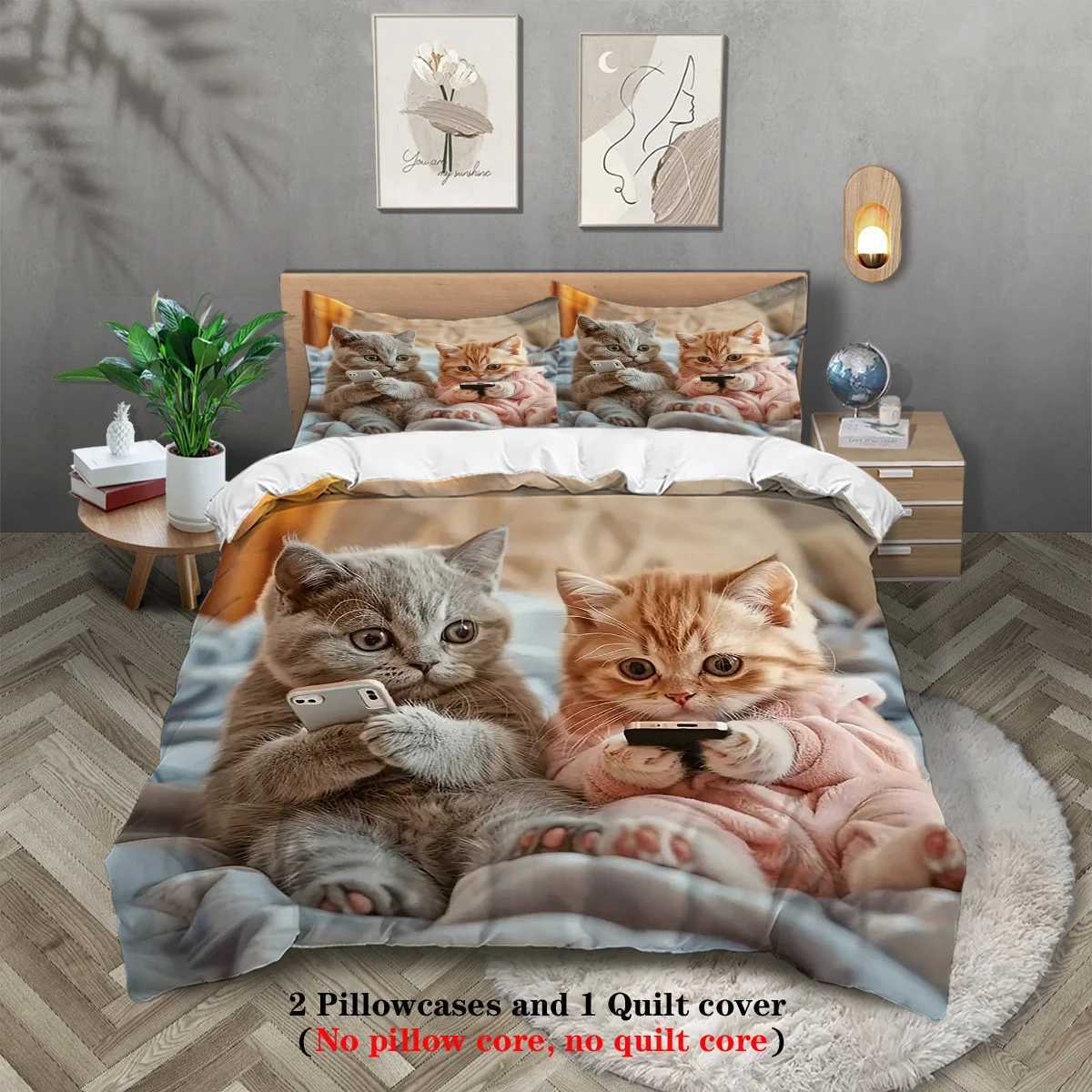 3PC Cute Cat Printed Bedding Set for Four Seasonscoreless Comfortable Bedroom Dormitory Multiple Sizes Machine WashableM251118