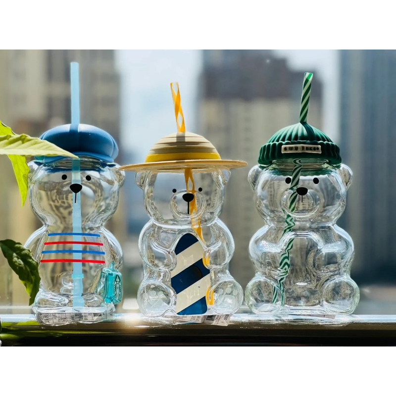 Star-buck 20oz Glass Cup Green Bear with Straw, Cute Transparent Travel Cup with Lid, Iced Coffee Cold Drink Christmas and New Year Gift, Bearista Lim