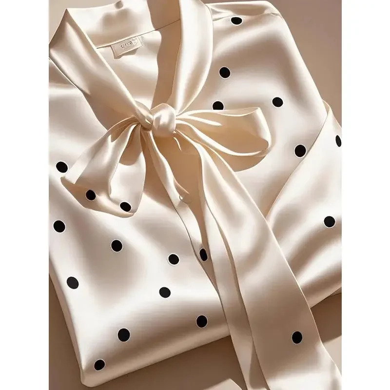 Elegant French Women High Quality Satin Polka Dot Print Shirt Office Lady Casual Chic Blouse Lace-up Bow Long Sleeve Loose Tops 250417