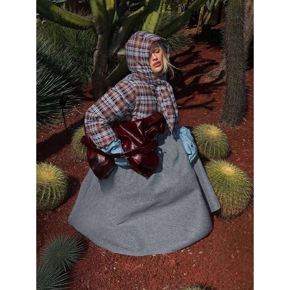 Warm Plaid Puffer Cotton Coats Women Full Sleeve Detachable Hood Tie Scarf Coat 2025 Autumn Winter Lady Chic Casual Outerwear