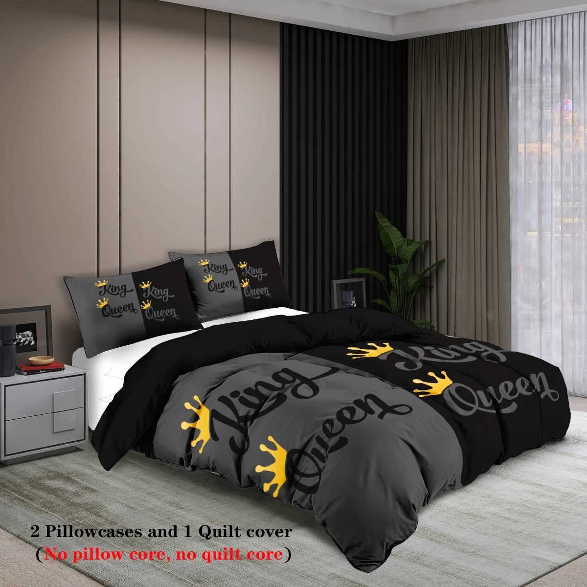 3-piece Couple Black Grey King Queen Pattern Printed Down Duvet Cover 1 piece set2 cases no core Couple Bedding SetM251118