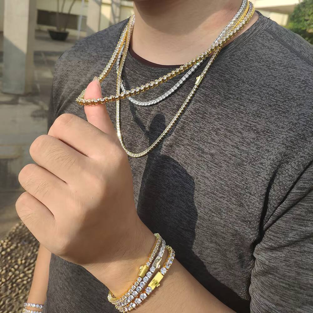 Laboratory cultivation of Moissanite 3mm Hip Hop Jewelry Iced Diamond Tennis Chain Silver Plated Brass Bling Tennis Chain Necklace Women for Women Men