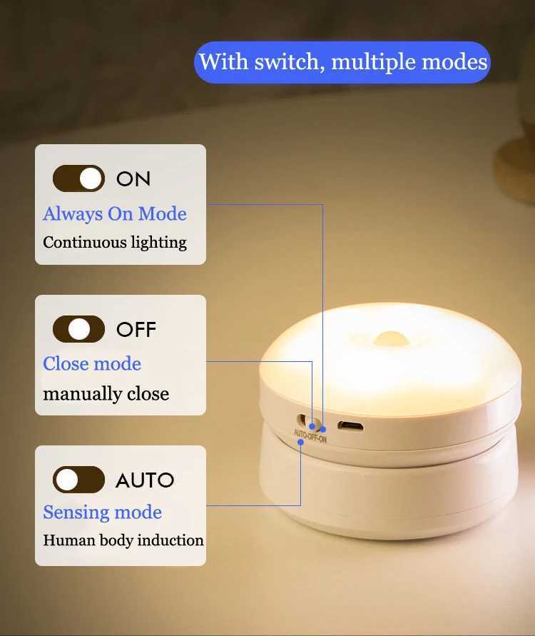 Led Night Light USB Charging Motion Sensor Round Energy-saving Led Lamps Bedroom Sound/Light Control For Corridor Home Bathroom M251118