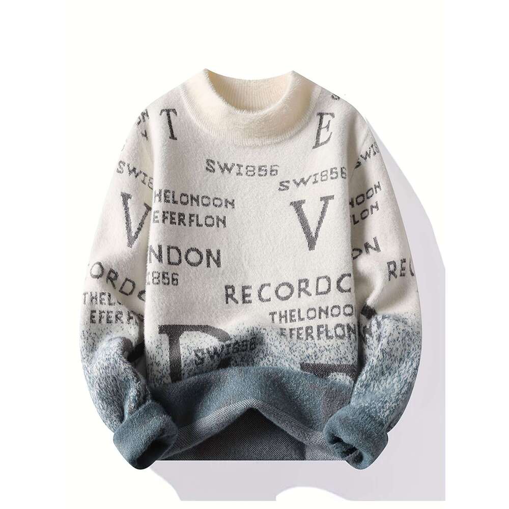 Men's Beige & Blue Color Block, Warm Round Neck Pullover Fall/Winter, Everyday Casual Formal Outfits - Autumn Winter Knit Sweater For Men, Sweate