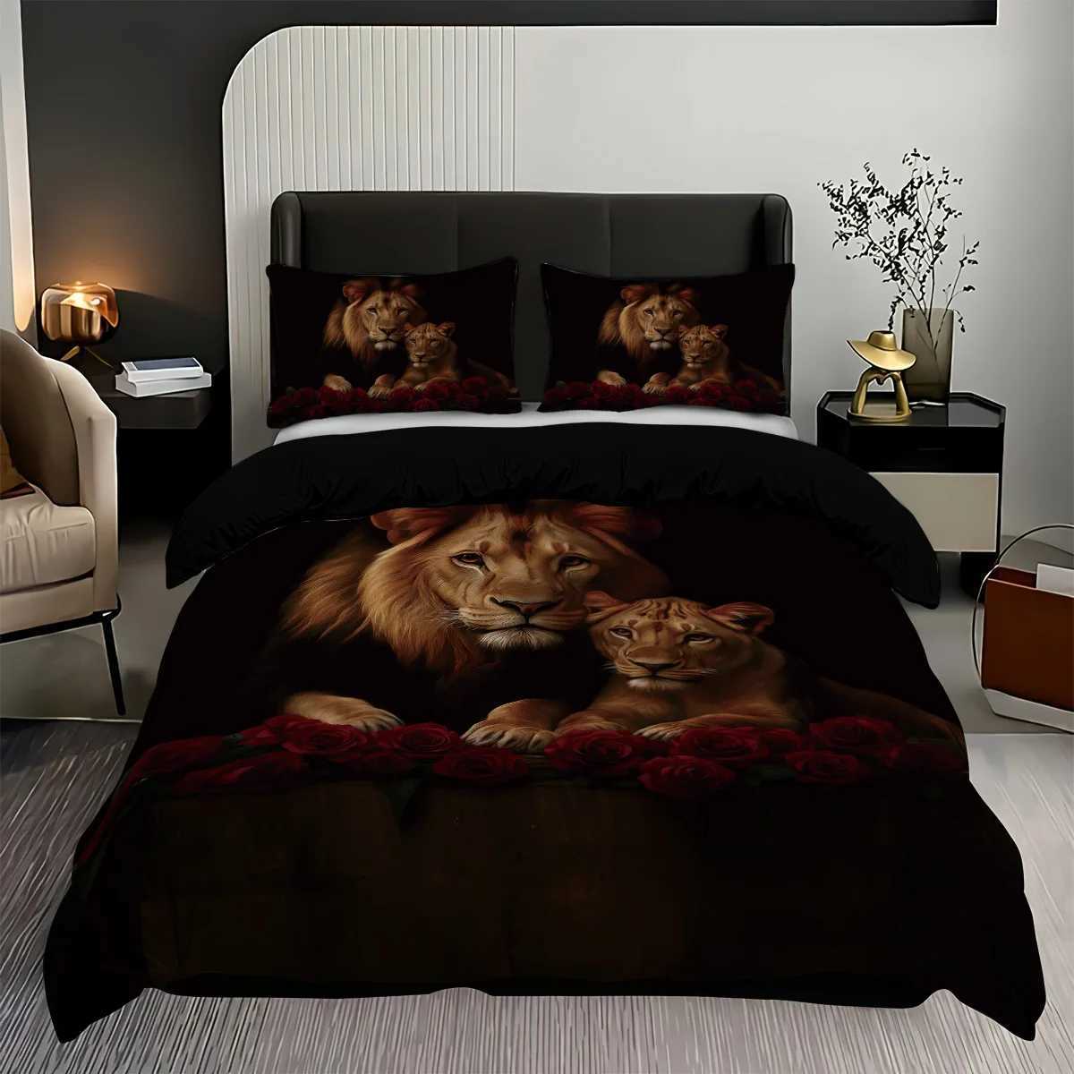 3 pieces are lion animal printed down duvet covers 1 down duvet cover2 cases no core Soft and comfortable bedding setM251118