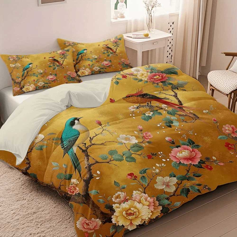3pcs Two Birds Dancing with Flowers Pattern Digital Print Quilt Set - Includes 1 Quilt Cover and 2 Cover without FillerM251118