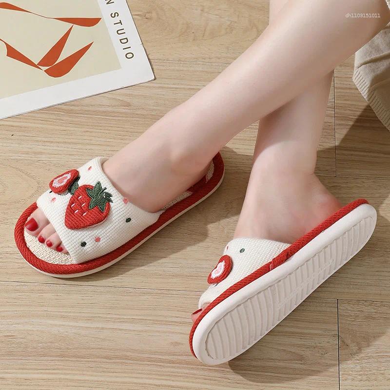 Slippers Fashion Soft Ladies Casual Cute Strawberry Pattern Comfortable Slip On Linen Home Bedroom Living Room Shoes For Women