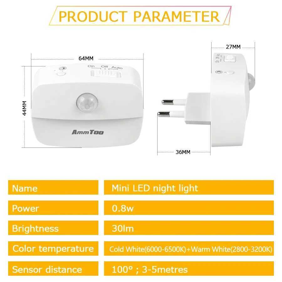 LED Night Light Motion Sensor Light 220V EU Plug In Smart Motion Sensor Light Warm and White Light Dual Color Night Lamp M251118
