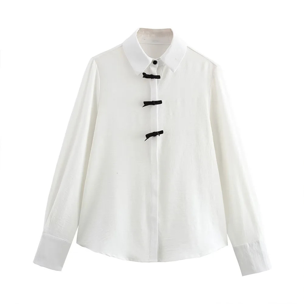 ZBZA Womens Bow Tie Polka Dot Blouse Loose Lapel Long Sleeves Hidden Button Straight Casual Shirt Spring Summer Chic Blouse 250417
