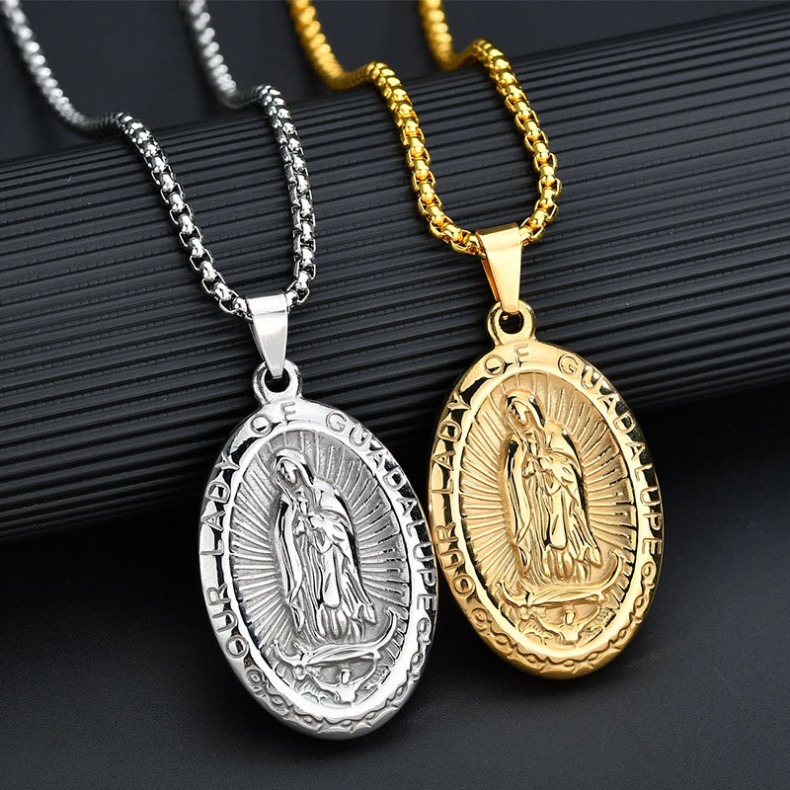 Saint Christopher Virgin Mary Lady of Guadalupe Necklace for Men Women Stainless Steel Religious Jewelry Medal Oval Shaped Pendant Amulet Jewelry Gift