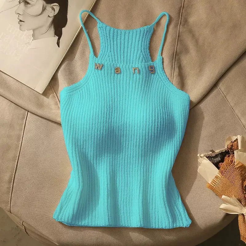 Ladies Letter Knitting Halter Camisole Summer Interior Lapping Trend Sexy Slim Sleeveless Top Tee Women Clothing O-neck Crop Top 250417