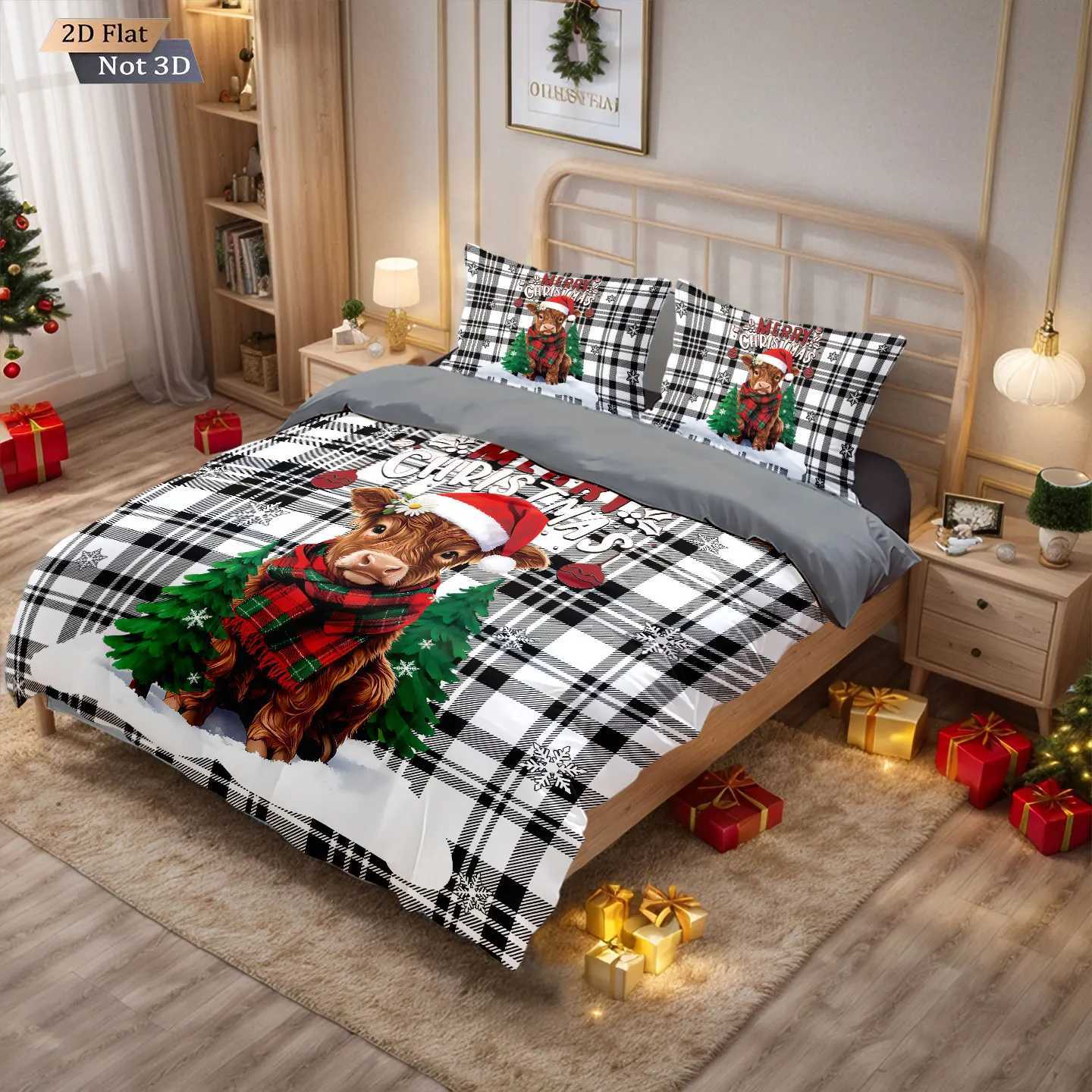 3pcs checkered Christmas highland cow print coreless bedding set multi size bedroom duvet cover decoration machine washableM251118