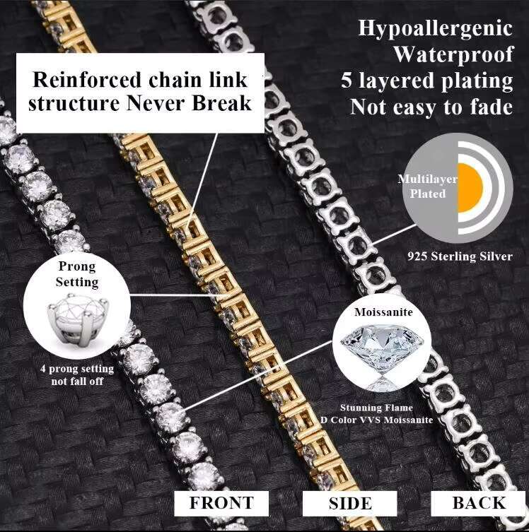 Dropshipping Fine Jewelry Sterling Sier Men Women 2mm 3mm 4mm 5mm Moissanite Dia Tennis Chain Bracelet
