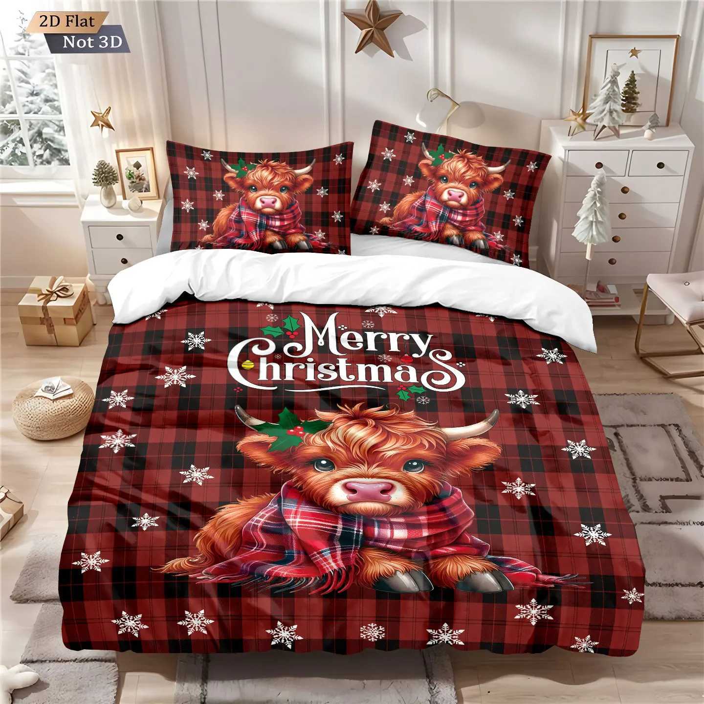 3pcs Christmas highland cattle print coreless quilt set multi size bedroom dormitory bedding decoration soft machine washableM251118
