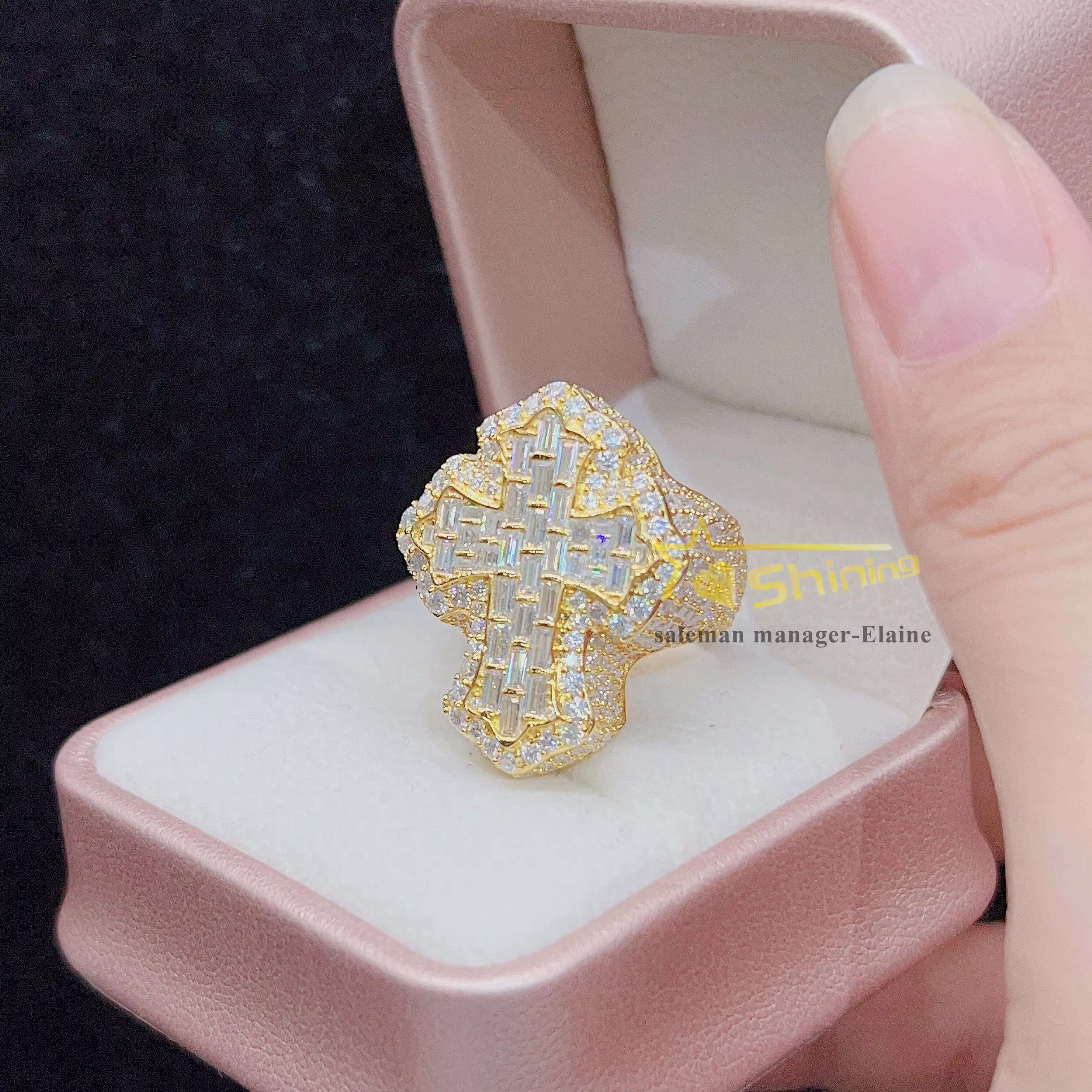 Fashion Hip Hop Fine Jewelry New Design Sier Vvs Moissanite Iced Out Dia Cross Ring