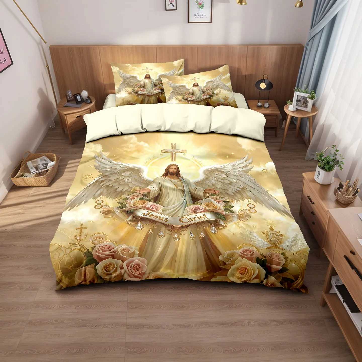 3pcs Jesus Themed Printed Polyester Bedding Set Soft and Comfortable Available in Multiple Sizes and Machine WashableM251118