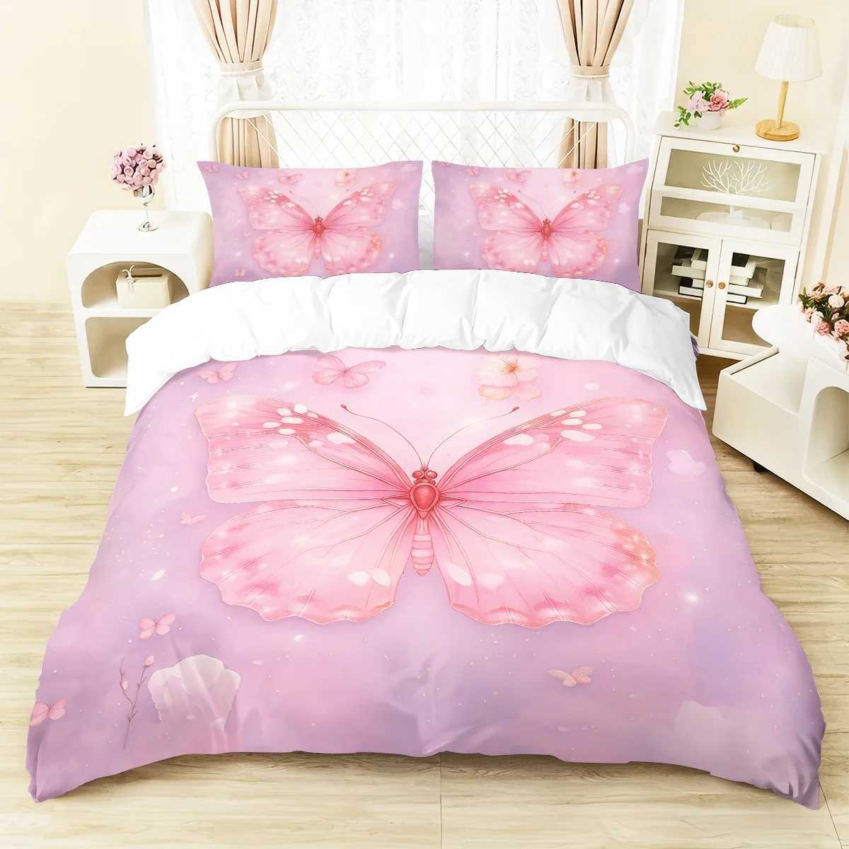 3pcs pink butterfly patterned duvet cover set 1 duvet cover2 cases coreless Soft and comfortable bedding setM251118