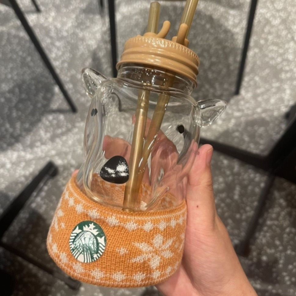 Star-buck 20oz Glass Cup Green Bear with Straw, Cute Transparent Travel Cup with Lid, Iced Coffee Cold Drink Christmas and New Year Gift, Bearista Lim