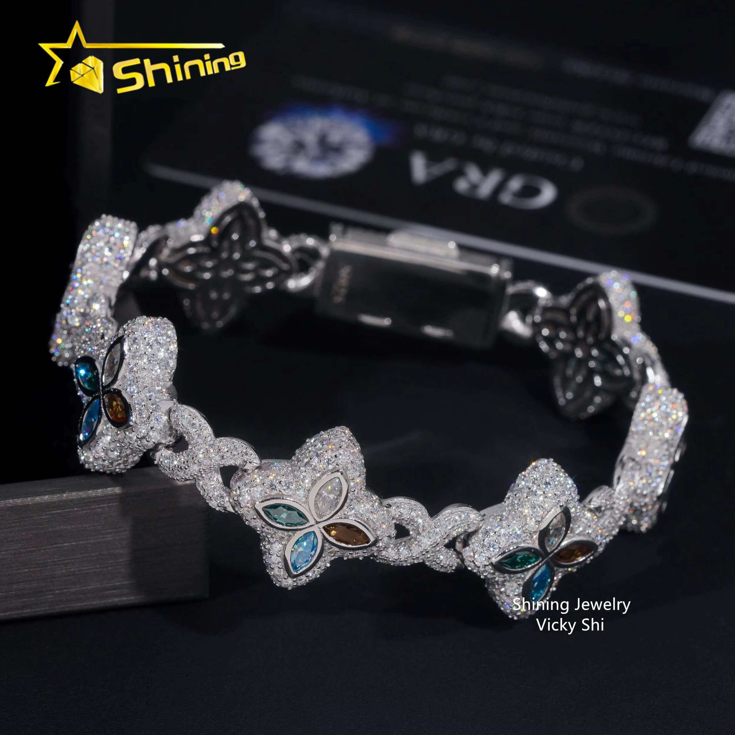 Hot Selling Men Popular Bracelets Sterling Sier Iced Out Hip Hop Infinity Clover Moissanite Cuban Bracelet