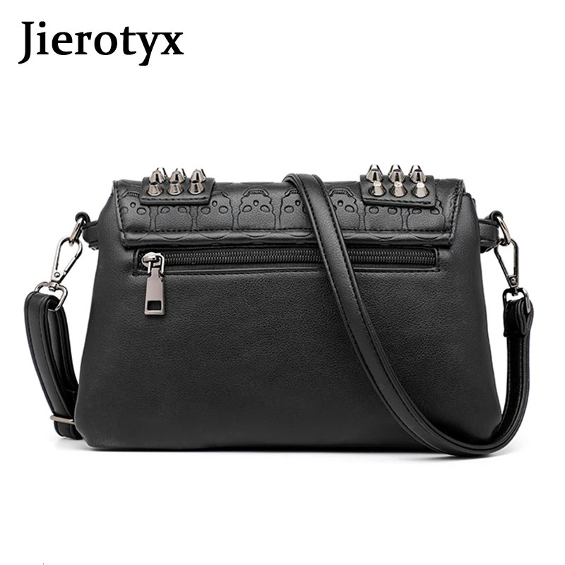 JIETOTYX Women Black Leather Messenger Bags Single Skull Rivet Shoulder Bags Sac A Main Bolsa Black Vintage Sexy Bag Lady Drop 250417