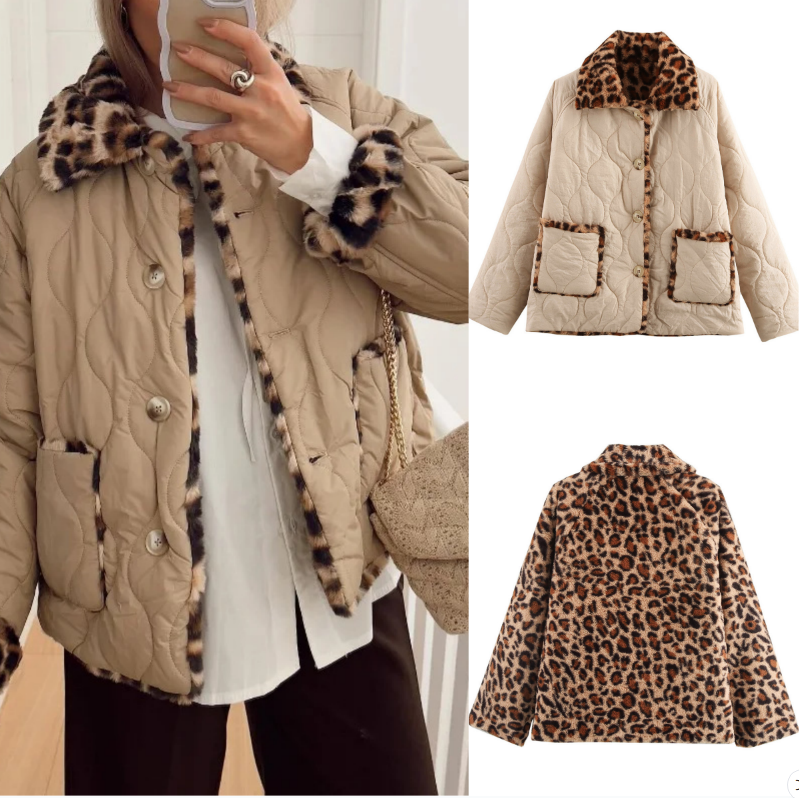 Women's Jackets Collared Reversible Quilted Cotton Jacket Fashion Leopard Print Pocket Medium-Thickness Top
