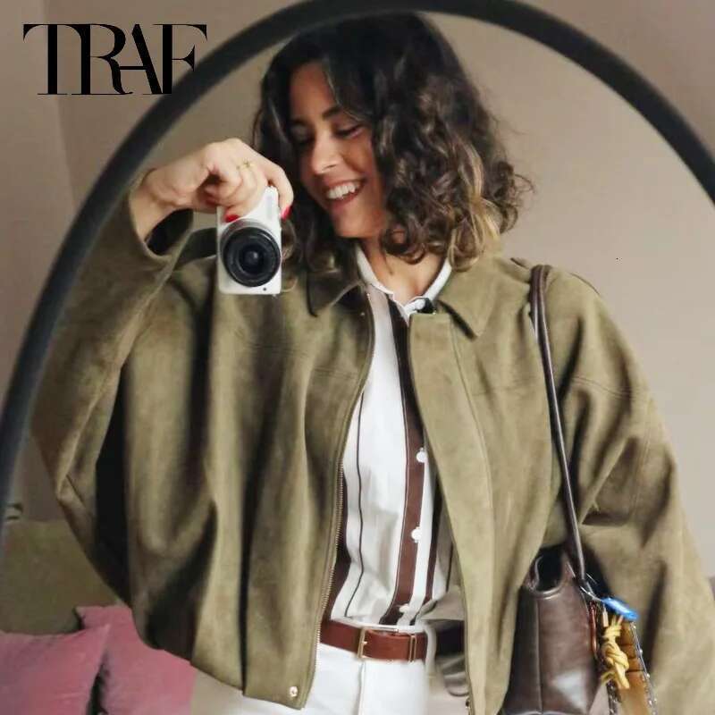 Designer Clothes TRAF Crop Suede Women Spring Women's Jacket Bomber Plus Size Outerwears New In & Jackets Oversize Long Sleeve Coats