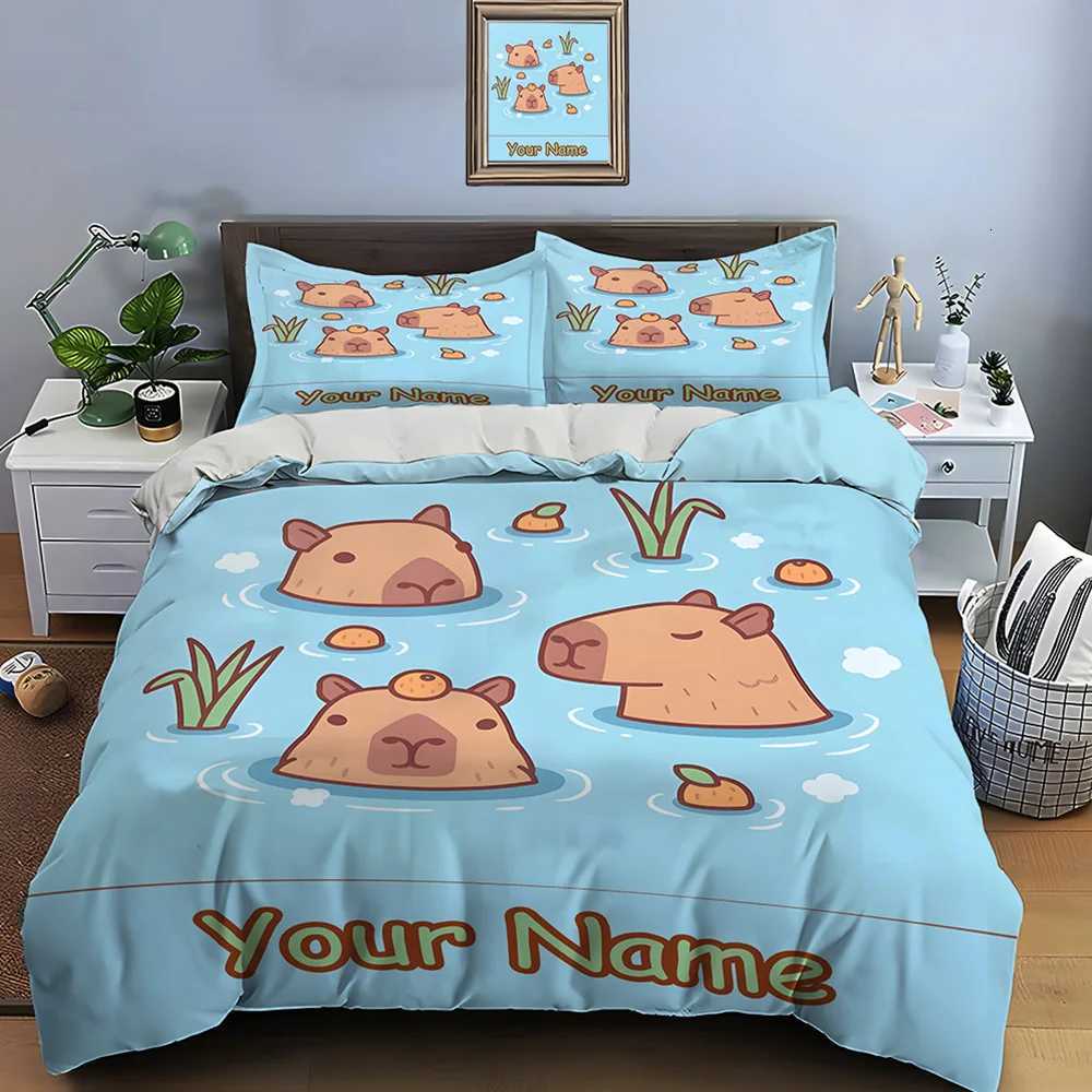Personalization Custom Name Quilt Cover Cartoon Capybara Print 3 Pieces Setting Bed King Size case Bedroom Bed Set GiftsM251118