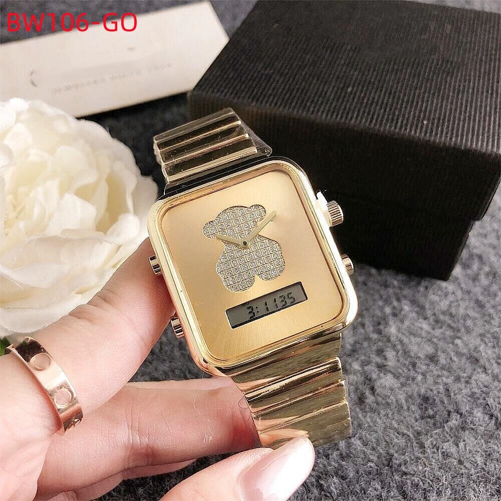 Hot Sale Women Men Silver Rose Gold Stainless Steel White Zircon Letter Glass Bear Square Electronic Watch Chain Pulsera Span Jewelry A Gift